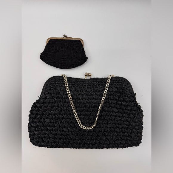 Handbags - VTG Dayne Taylor Black Woven Rafia Purse Handbag Kisslock Bag 50s - 60's Japan